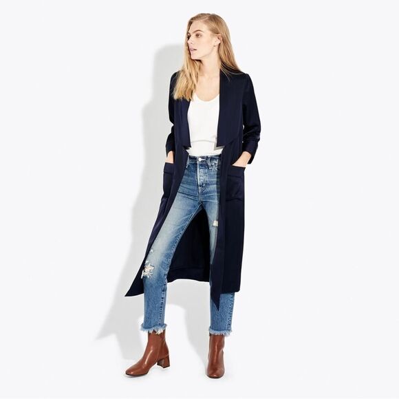 ayr - crystal cove jacket satin duster collared open front midi navy blue - Picture 3 of 10